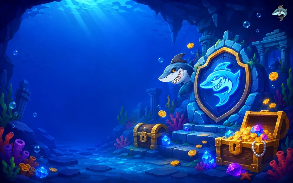 WinShark Hai mit Wappenschild und Schatztruhen