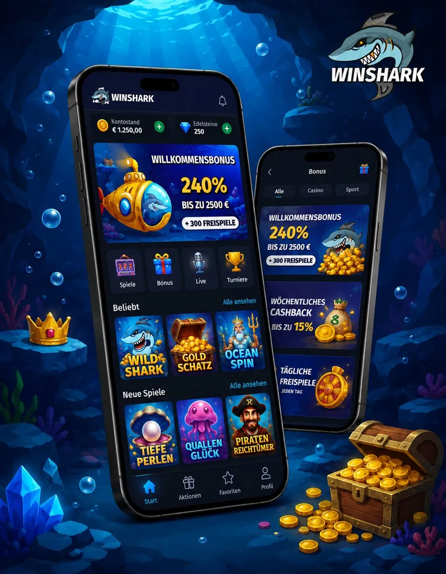 WinShark App auf zwei Smartphones mit Bonus und Spielen