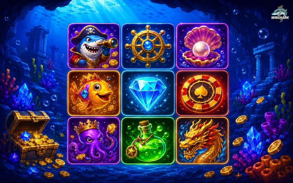 Raster mit WinShark Slot-Symbolen: Hai, Steuerrad, Perle, Drache